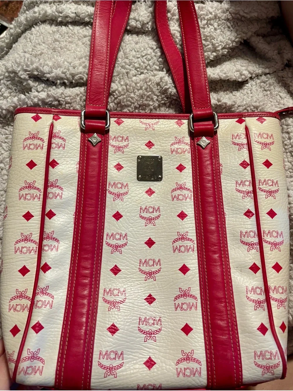 RARE MCM White & Pink Visetos & Leather Vertical Tote Bag